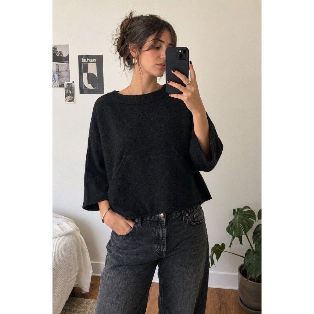 Graham & Spencer Wool Top Womens S Black Boxy Pullover USA Pocket Minimalist
